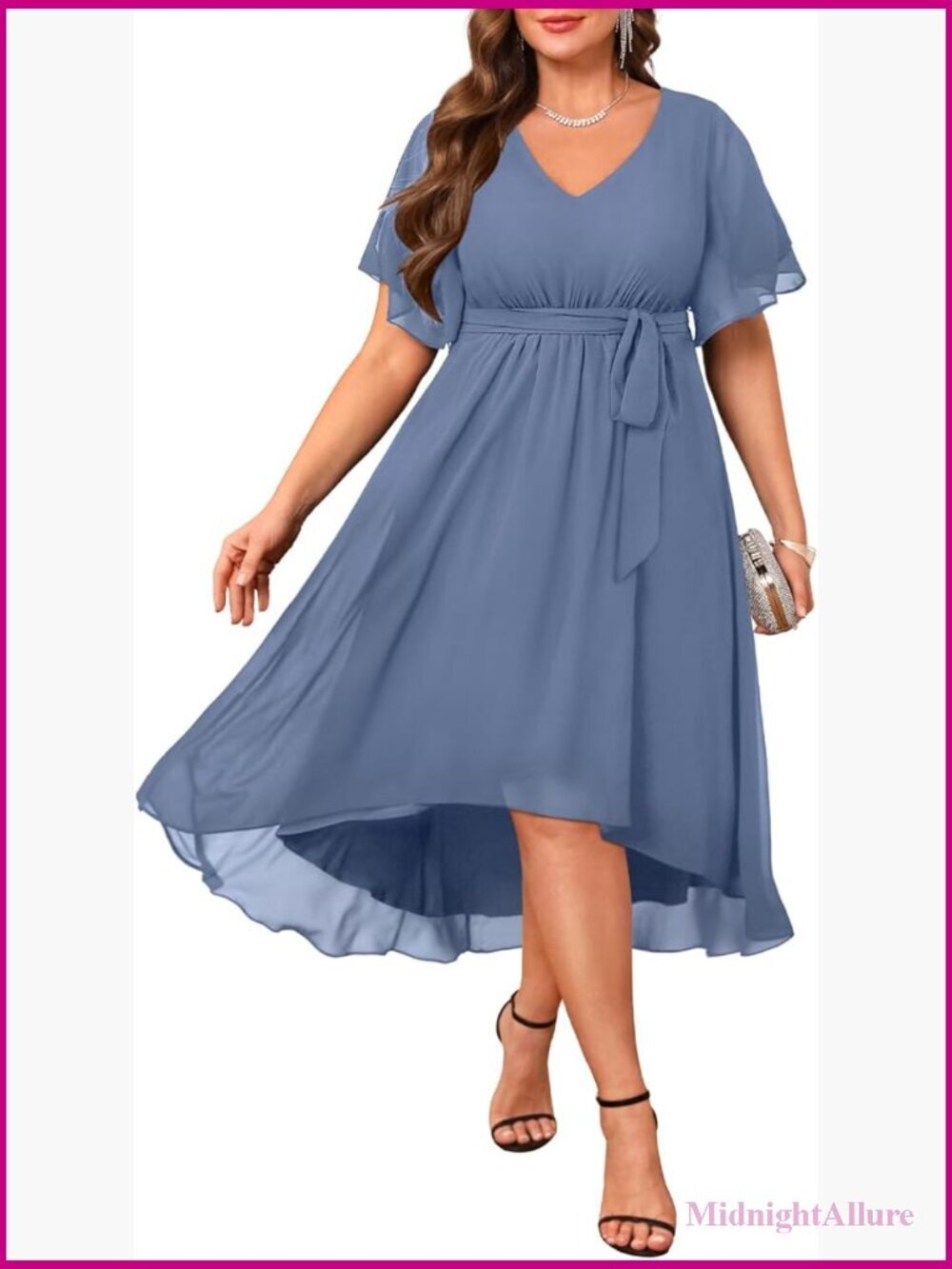 Plus Size High Low Chiffon V-Neck Dress Wedding Guest Cocktail